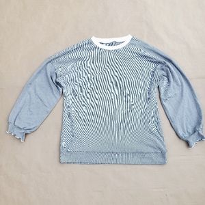 Drop shoulder striped sweater, unknown brand, size small.  Model is a size M/L.